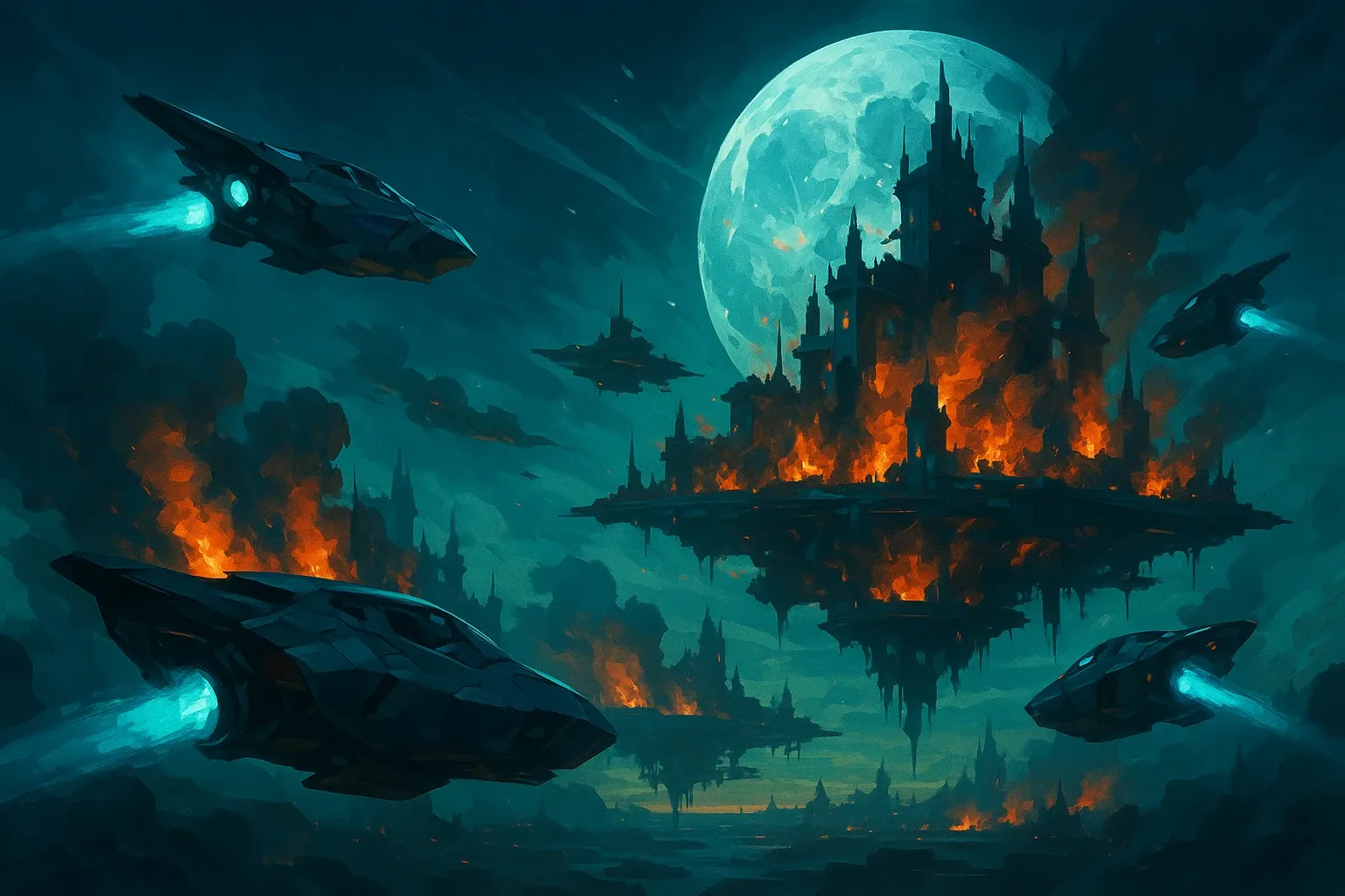 Burning castle with spaceships